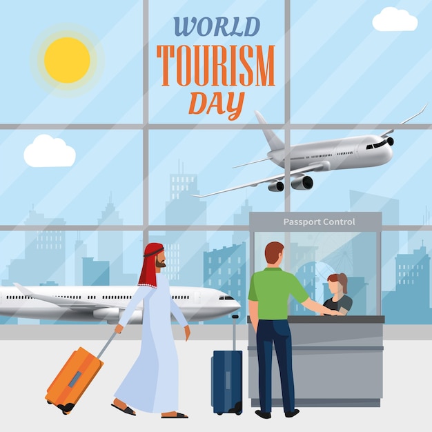 Vecteur journée mondiale du tourisme concept de voyage avion autour du monde voyages et visites