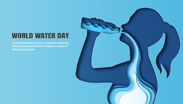 Vecteur journée mondiale de l'eau, une femme boit de l'eau et l'eau coule dans son corps.