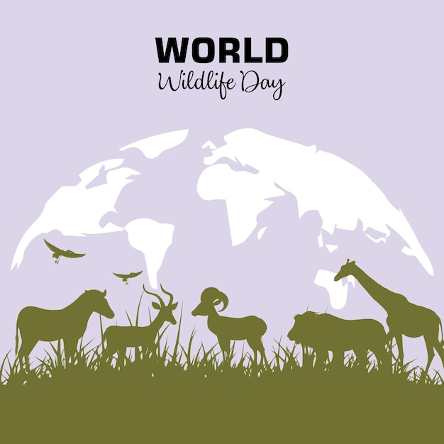 Journée Mondiale De La Faune Avec Les Animaux Dans La Forêt Vector Joyeuse Journée Mondiale De La Fauna Sauvage Journée Internationale De La Floraisons Sauvages