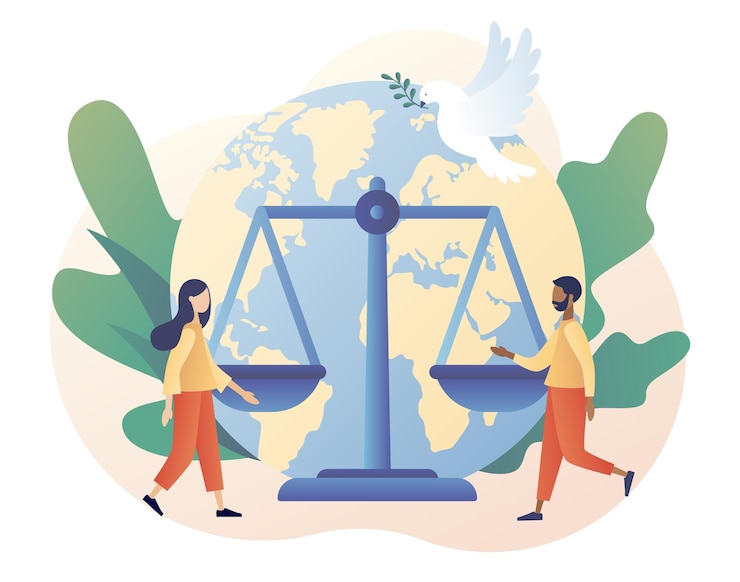 Journée mondiale de la justice sociale Concept des droits de l'homme Petites personnes pour la tolérance et le respect Échelles