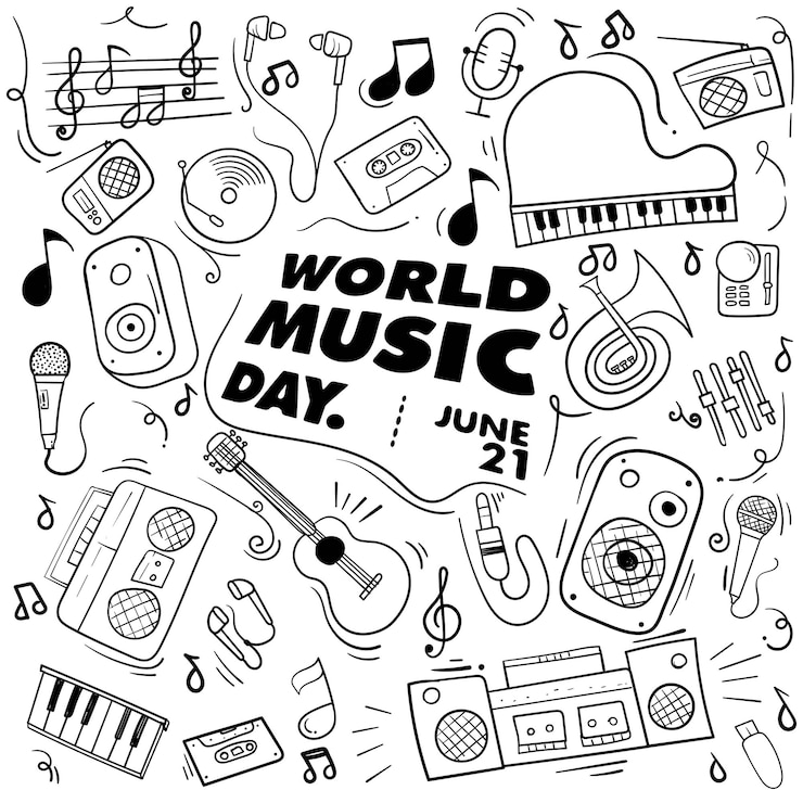 Vecteur journée mondiale de la musique dessinée à la main art du doodle de la conception d'outils musicaux pour le modèle de la campagne d'événement musical