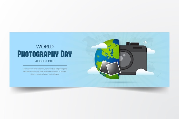 Vecteur journée mondiale de la photographie 19 août bannière horizontale avec illustration du globe de l'appareil photo