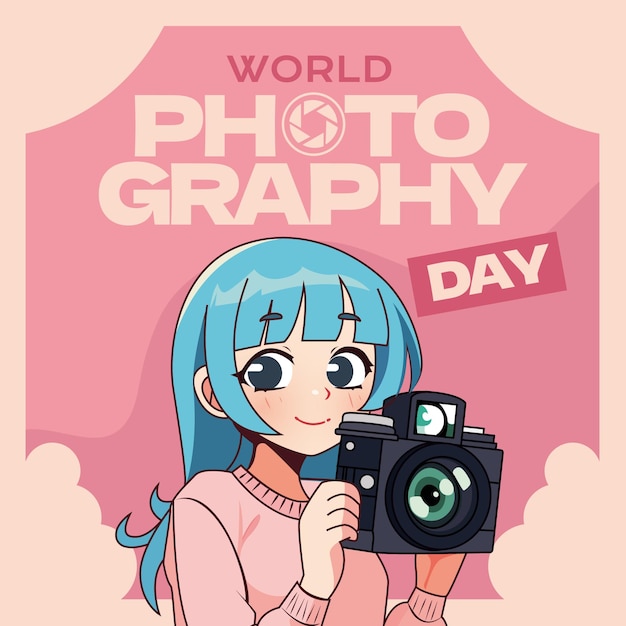 Vecteur journée mondiale de la photographie vecteur anime girl