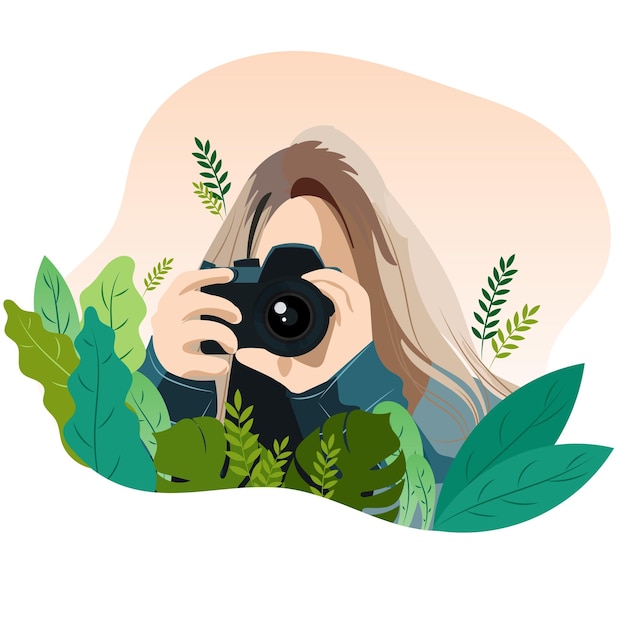 Vecteur journée mondiale de la photographie vue de face d'une jeune fille photographe prenant une photo avec un appareil photo sur la forêt