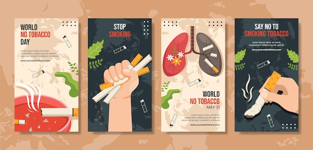 Vecteur journée mondiale sans tabac histoires de médias sociaux dessin animé plat illustration de modèles dessinés à la main