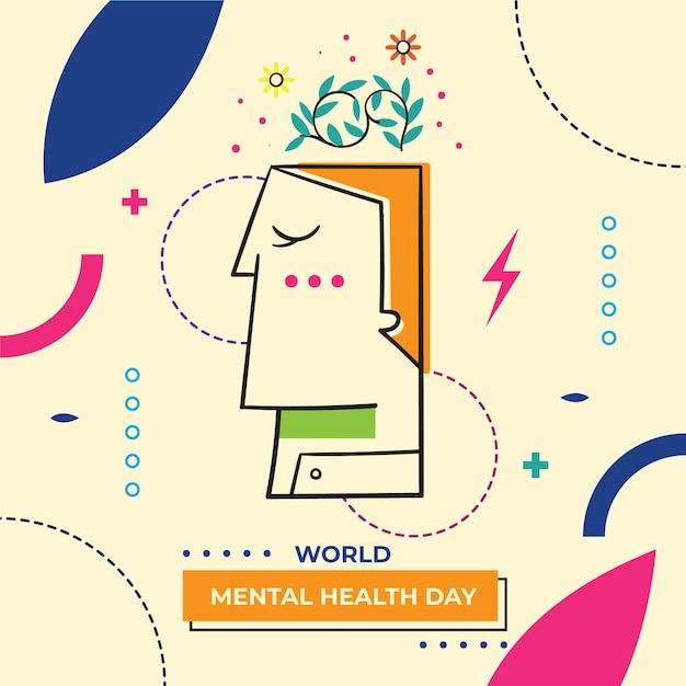 Journée Mondiale De La Santé Mentale Dessinée à La Main Avec Tête Et Feuilles