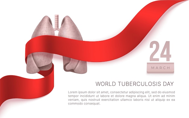 Journée mondiale de la tuberculose le 24 mars. Poumons, ruban rouge. Signe de sensibilisation à la tuberculose