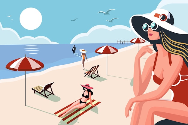 Une journée à la plage avec des gens qui se détendent sous des parapluies Illustration vectorielle