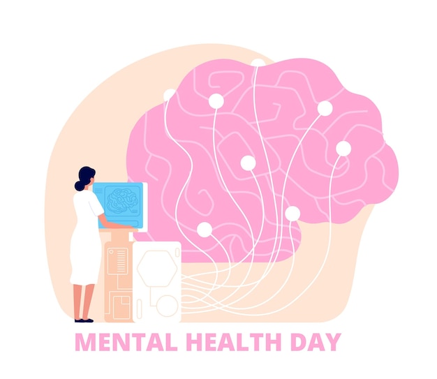 Journée De La Santé Mentale Affiche De Psychologie Médicale De La Santé Médecin étudie Les Soins Et La Recherche De L'esprit Du Cerveau Humain Fond De Vecteur De Science Totale