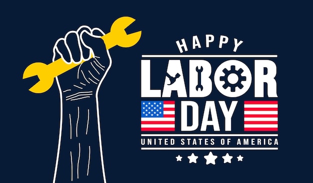 Joyeuse célébration de la fête du Travail aux États-Unis main forte tenant des outils de construction arrière-plan ou conception de bannière