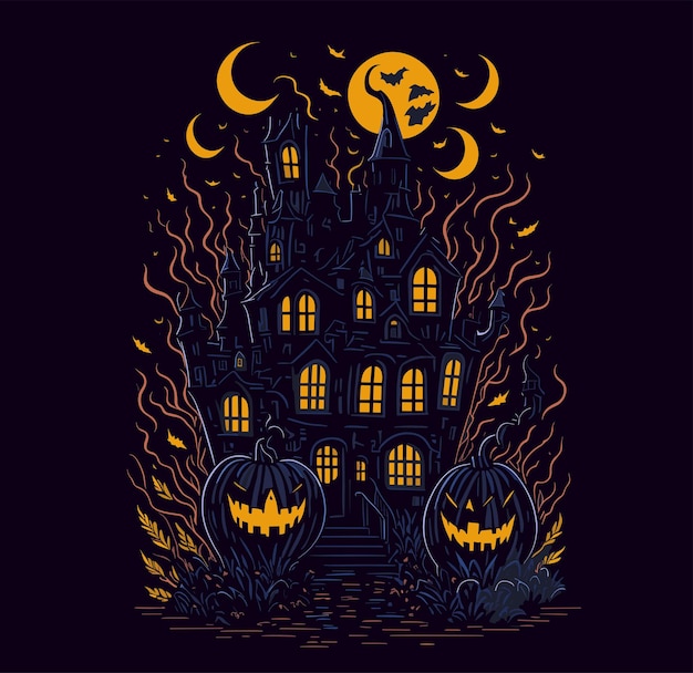 Vecteur joyeuse citrouille de célébration d'halloween et château sombre avec une nuit effrayante vecteur gratuite