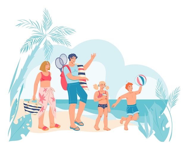 Vecteur joyeuse famille avec enfants sur l'illustration de vecteur plat plage tropicale isolée