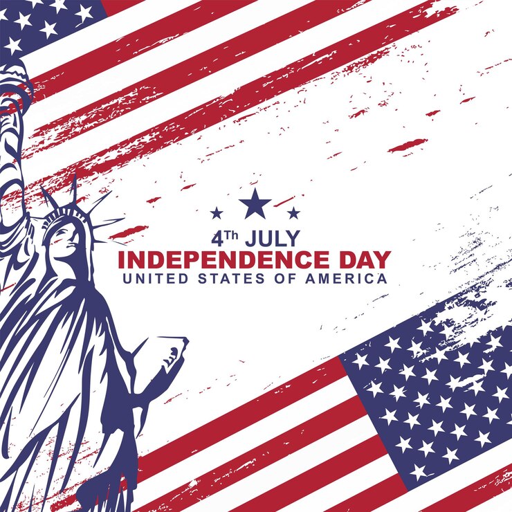 Vecteur joyeuse fête de l'indépendance américaine le 4 juillet illustration de conception de voeux avec statue de la liberté et texture de coup de pinceau rugueux du drapeau