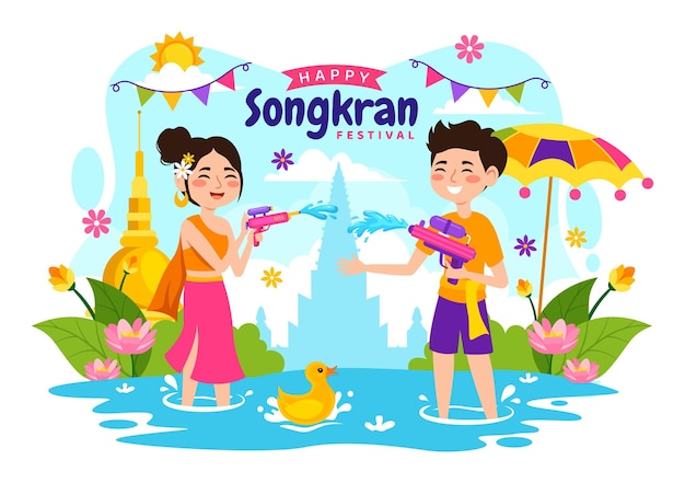 Vecteur joyeuse illustration vectorielle de la fête du songkran avec des enfants jouant au pistolet à eau en thaïlande