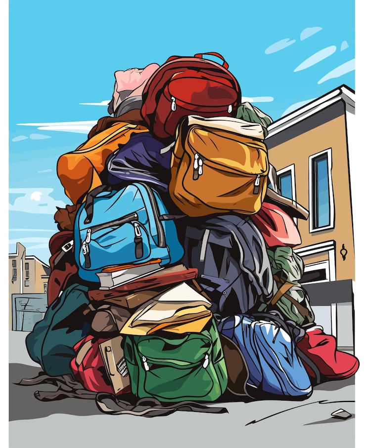 Vecteur une joyeuse petite pile de sacs à dos sur la rue