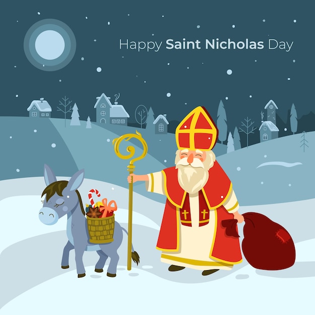 Joyeuse Saint-nicolas Saint-nicolas Avec Son âne Mignon Apporte Des Cadeaux
