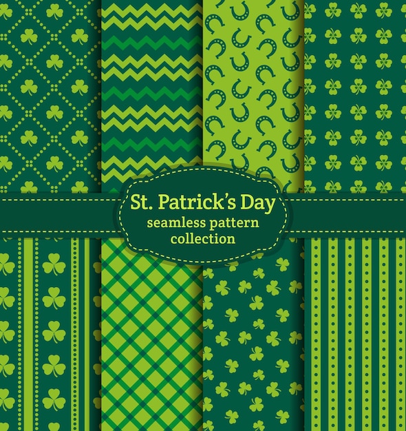 Joyeuse Saint Patrick! Ensemble D'arrière-plans De Vacances. Collection De Modèles Sans Couture Dans Les Couleurs Traditionnelles Modèle Sans Couture De Jour De Saint Patrick.