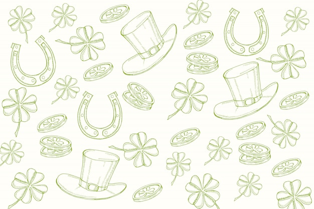 Joyeuse Saint Patrick. Fond Avec Symboles Dessinés à La Main Dans Le Style De Croquis Gravure D'objets.