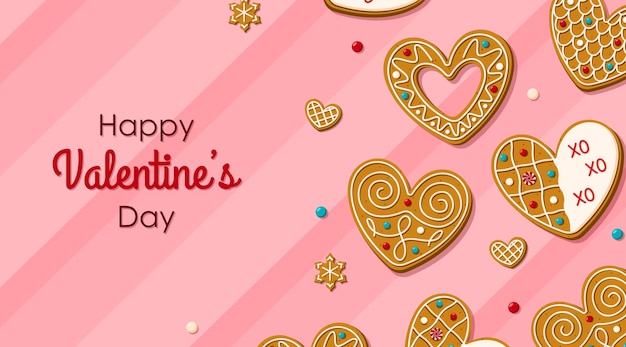 Joyeuse Saint-valentin Avec Des Biscuits En Pain D'épice En Forme De Coeur En Glaçure Sur Fond Rose.