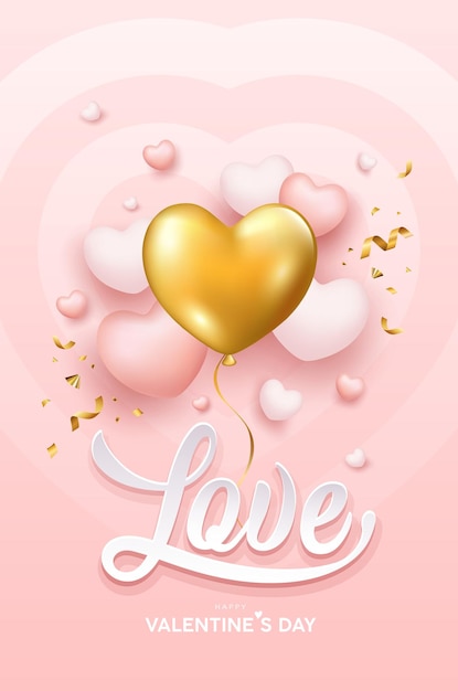 Joyeuse Saint-Valentin, coeur de ballon d'or, affiche de coeur de ballons roses et blancs de conception de message d'amour