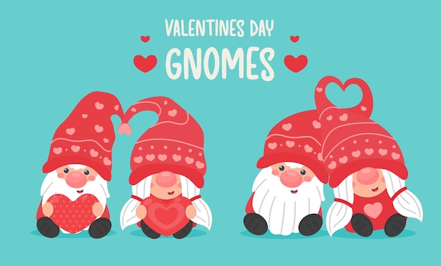 Vecteur joyeuse saint valentin. les couples de gnomes de dessin animé se donnent un cœur rouge le jour de la saint-valentin.