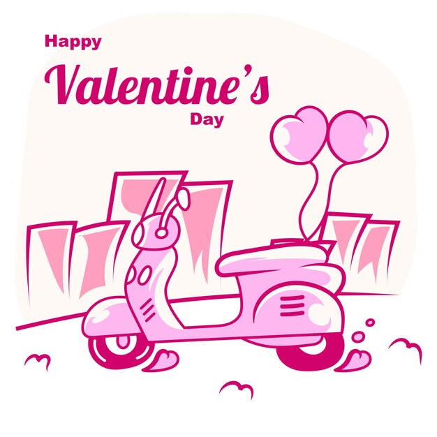 Vecteur joyeuse saint valentin avec dessin animé de scooter et ballon coeur