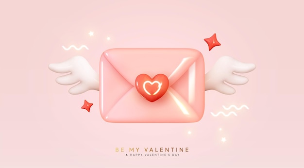 Joyeuse saint Valentin. Enveloppe en papier rose avec ailes d'ange et coeur rouge. Enveloppe de courrier de félicitations de conception 3d réaliste. Fond de vacances. Lettres Soyez ma Valentine. Illustration vectorielle