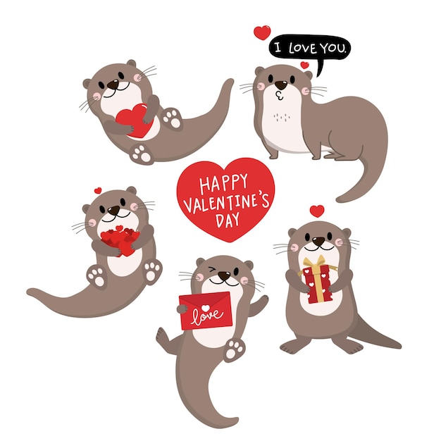 Vecteur joyeuse saint valentin avec une jolie loutre et des coeurs rouges