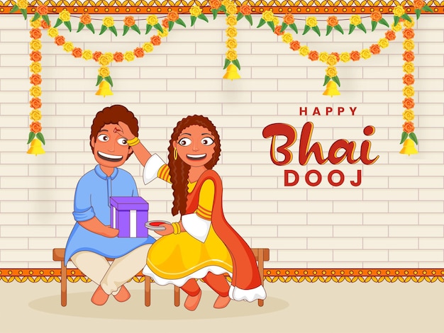 Joyeuse Soeur Appliquant Tilak Ou Mark Sur Le Front De Son Frère Pendant Le Festival Bhai Dooj.