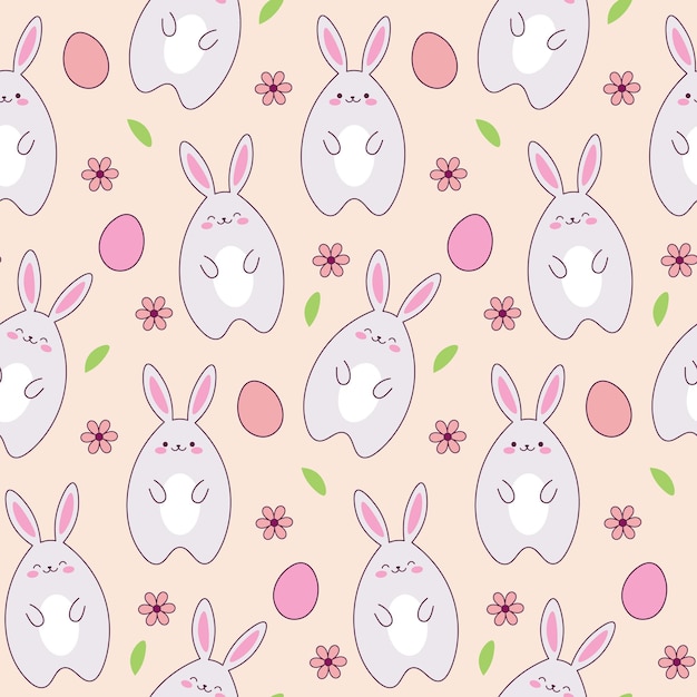 Joyeuses bannières de Pâques avec de jolis lapins kawaii de Pâques, des œufs et des fleurs. Modèle sans couture dessiné à la main