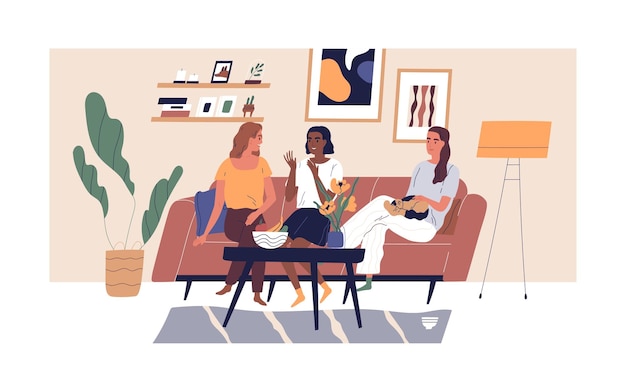 Joyeuses Copines Souriantes Assises Sur Un Canapé Ou Un Canapé Confortable Dans Une Maison Confortable. Trois Femmes Multiethniques Diverses Discutant Dans Un Salon Scandinave Moderne. Amitié Féminine. Illustration Vectorielle Plane.