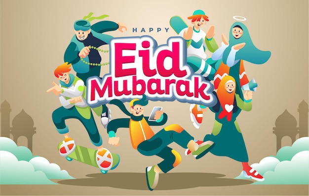 Joyeuses fêtes Eid Mubarak avec costume gai et vert jeunes musulmans