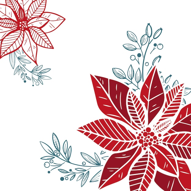 Vecteur joyeuses fêtes ou joyeux noël modèle avec des éléments décoratifs dessinés à la main, des brindilles et des fleurs de poinsettia.