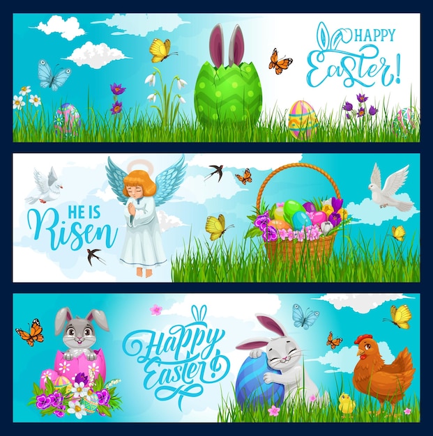 Vecteur joyeuses fêtes de pâques lapins oeufs et colombes