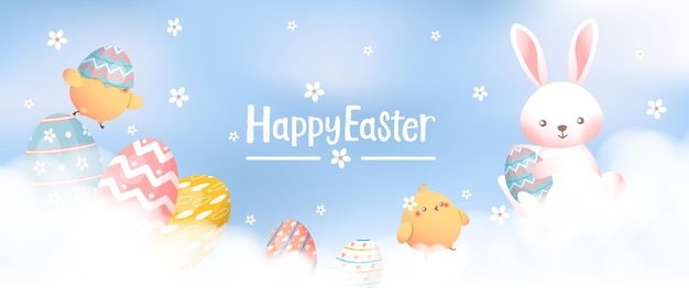Joyeuses Pâques carte, bannière, arrière-plan avec lapin, poussin et oeufs dans les nuages, couleurs pastel