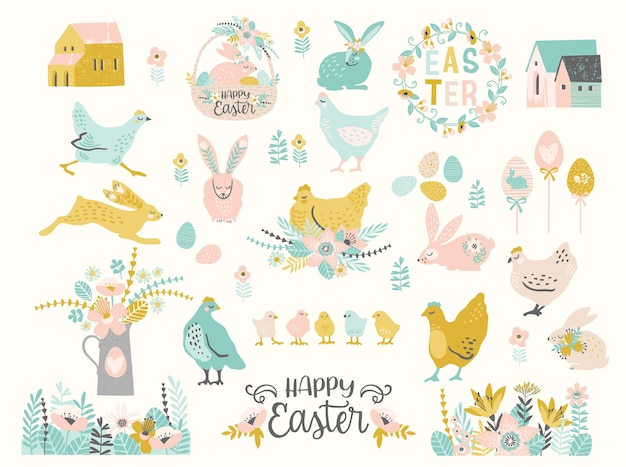 Joyeuses Pâques. Ensemble D'illustration Mignonne. Poulet, Lapins, Fleurs, œufs, Maisons.