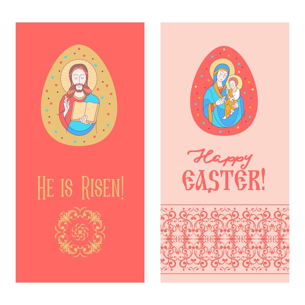 Joyeuses Pâques Il Est Ressuscité Cartes De Pâques Avec L'image De Jésus Et De La Vierge Marie Avec L'enfant Jésus Sur Les Mains Illustration Vectorielle