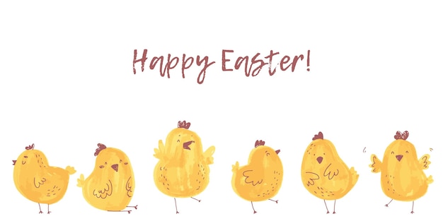 Vecteur joyeuses pâques illustration horizontale avec bébé poulet dessin animé mignon poussin drôle dessiné à la main
