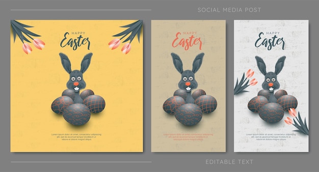 Vecteur joyeuses pâques avec un joli fond de lapin noir pour le modèle de publication sur les réseaux sociaux