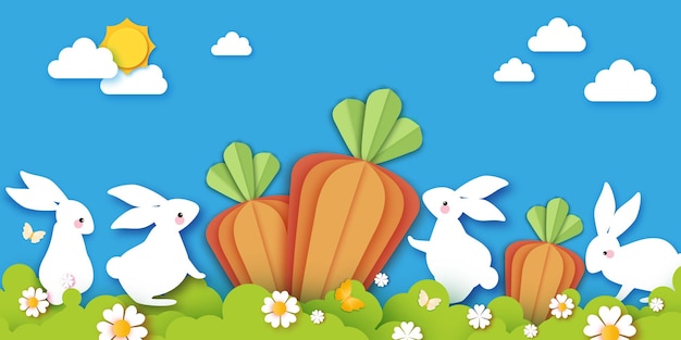 Joyeuses Pâques Lapin à la carotte Lapins blancs mignons dans un style papier découpé Fleurs de lapin et papillon Vacances de printemps dans un style moderne Chasse aux oeufs de Pâques avec chasse aux oeufs Scène de printemps