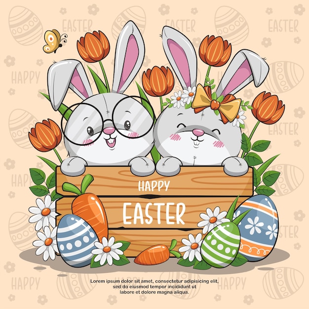 Vecteur joyeuses pâques avec un lapin mignon, des oeufs et des tulipes. mignon, dessin animé, illustration