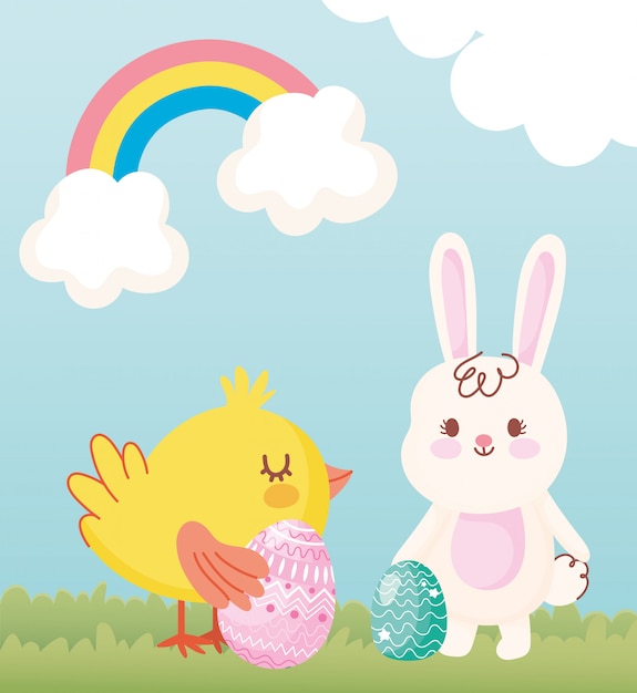 Joyeuses Pâques, lapin et poulet aux oeufs dans les nuages arc-en-ciel d'herbe