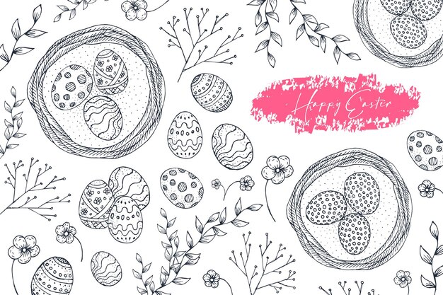 Joyeuses Pâques oeufs de Pâques dessinés à la main printemps fleurs et branches collection croquis de style rétro