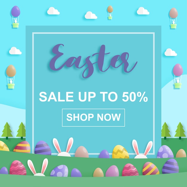 Joyeuses Pâques en vente dans un style art papier avec des oeufs de lapin et de Pâques.