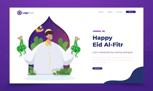 Joyeuses Salutations Eid Mubarak Avec Illustration D'un Homme Avec Ketupat