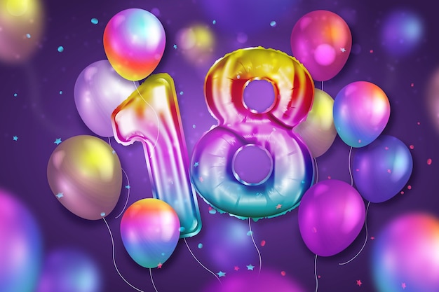 Vecteur joyeux 18ème anniversaire fond avec des ballons réalistes