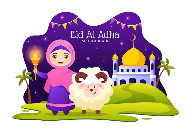 Joyeux Aïd Al Adha Moubarak Illustration vectorielle de la célébration des enfants musulmans avec des animaux sacrificiels