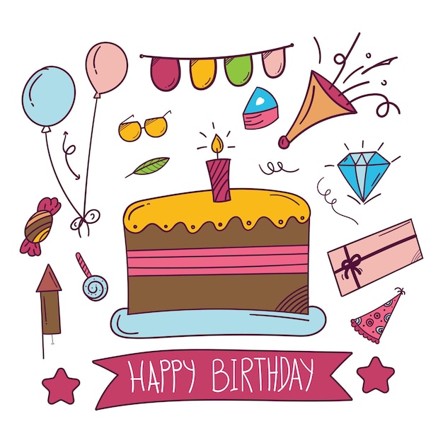 Joyeux Anniversaire Autocollant Dessiné à La Main Dans Un Style Doodle