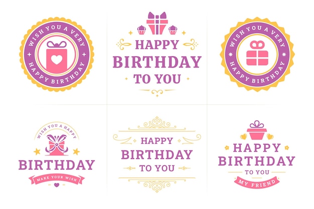 Vecteur joyeux anniversaire coffret cadeau emblème vintage violet et badge pour carte de voeux design vecteur plat