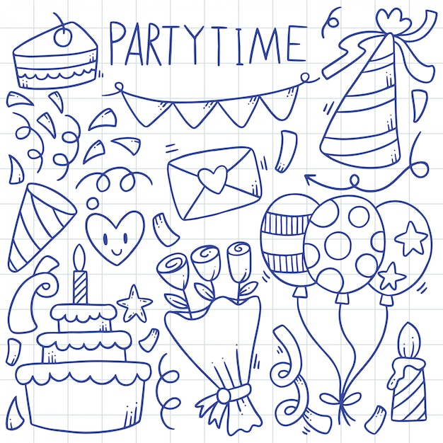 Joyeux Anniversaire Doodle Dessiné à La Main Illustration D'ornements